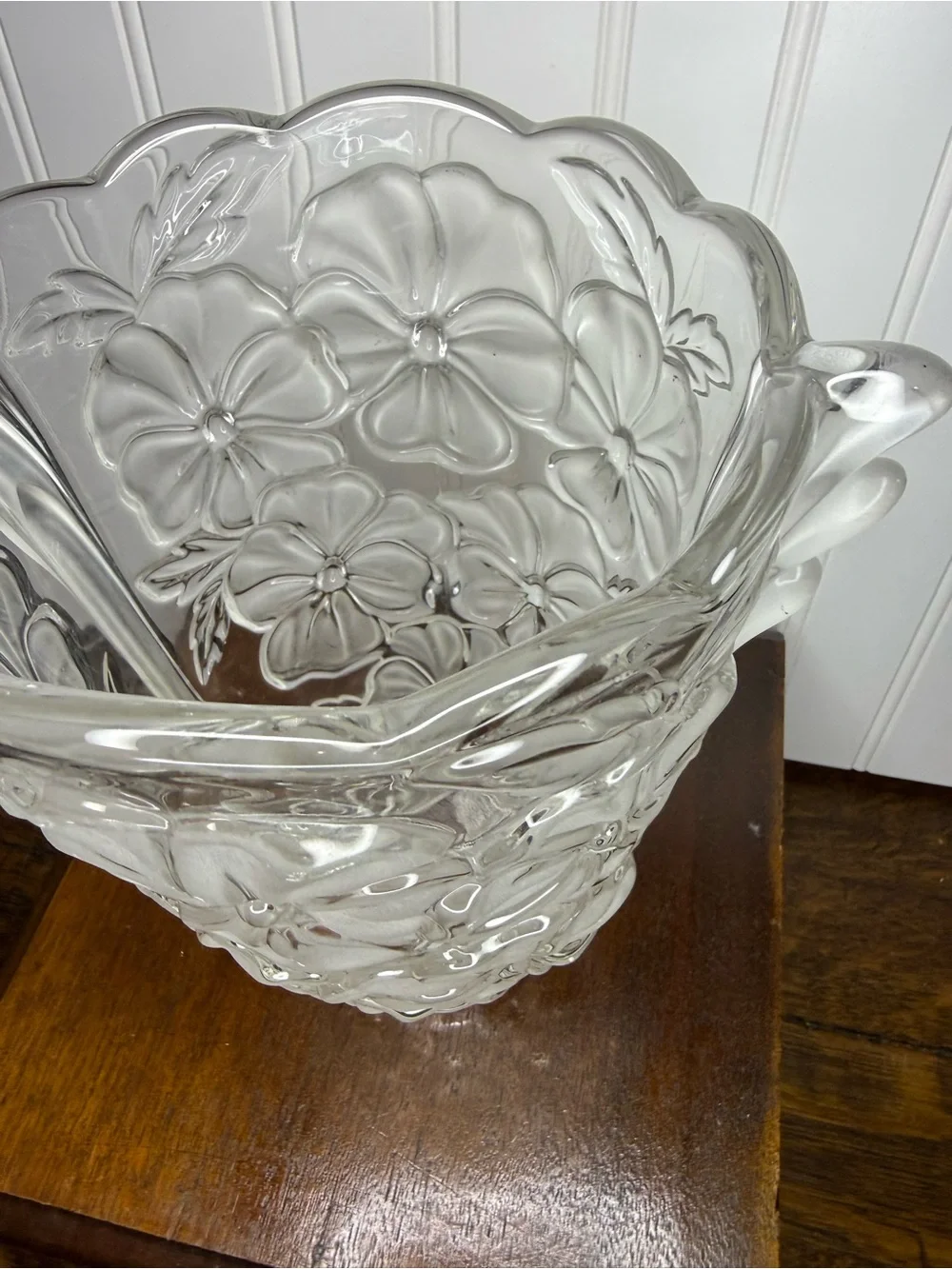 9.5” Studio Nova Frosted Pansy Bouquet Frosted Clear Glass Vase Winged Handles